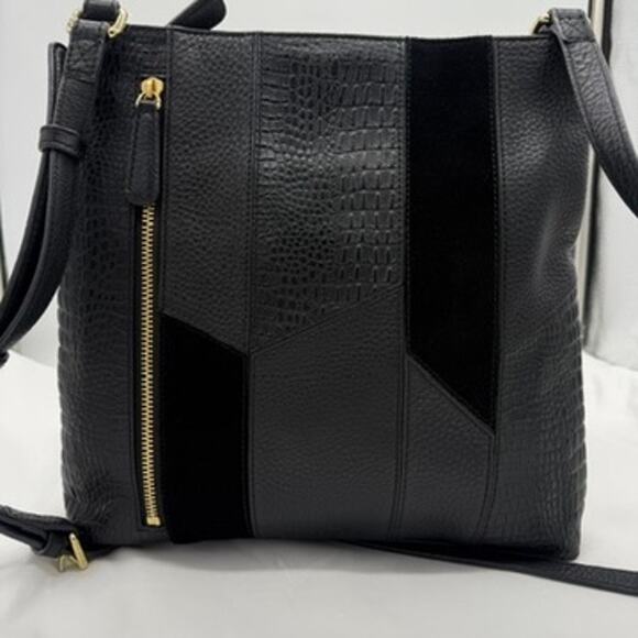 Vera Bradley Black Leather Crossbody Bag Patchwork Pebbled Suede Floral Lining - Picture 1 of 12